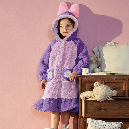 

PIKADINGNIS Cute Home Clothes Women Plush Soft Hooded Winter Warm Flannel Nightgowns Robes Kids Girls Thick Pajamas Cartoon Flannel Bathrobe