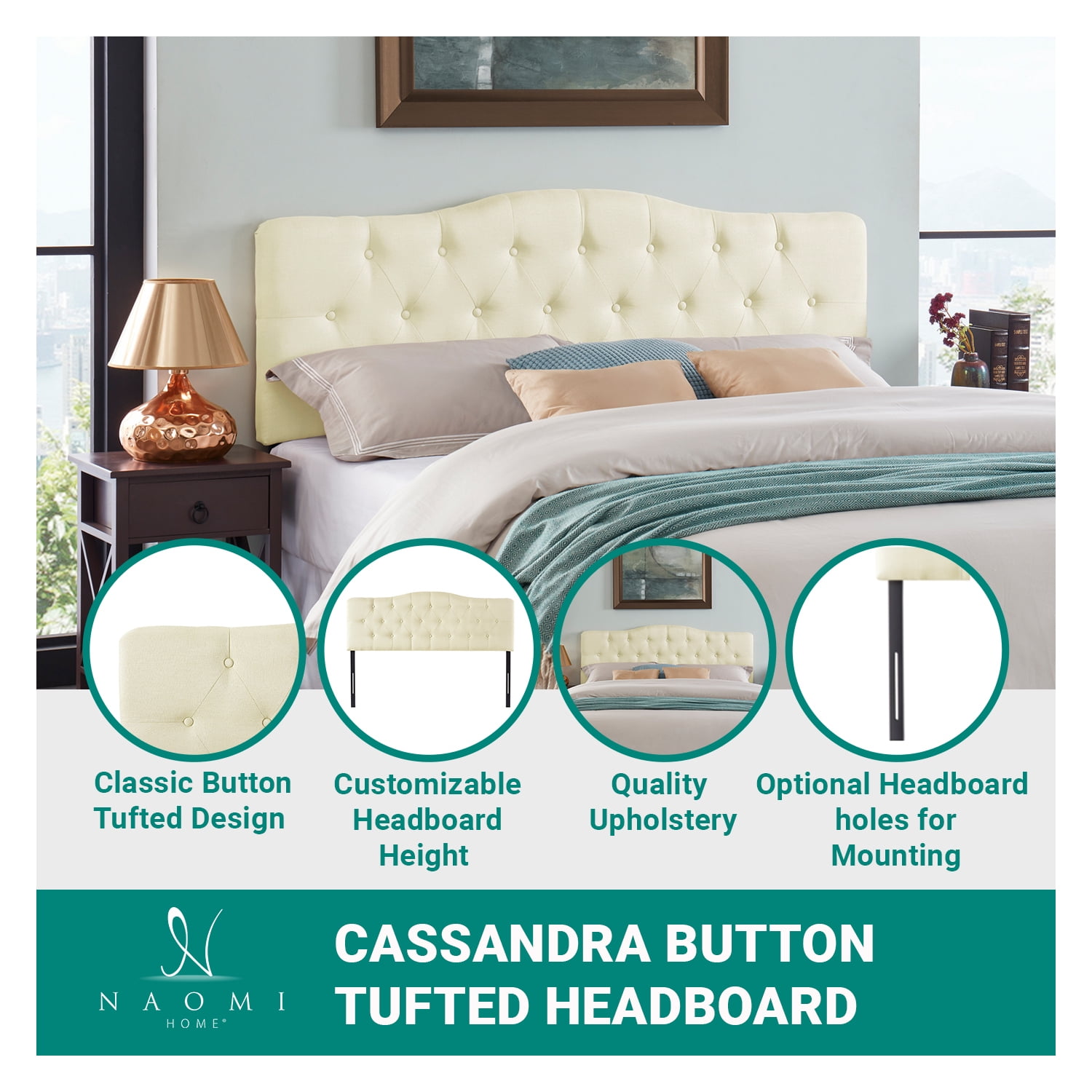 Naomi Home Cassandra Queen size headboard only, Height Adjustable Queen Size Headboard, Button Tufted Headboard with 12 Positions, Metal Legs, Wall/Bed Mount, Linen Fabric headboard Queen, White