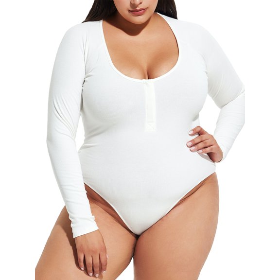 Sveltors Women's Plus Size Bodysuit Henley Shirt Scoop Neck Ribbed Long Sleeve Top Button Down Bodysuits Sexy Jumpsuit