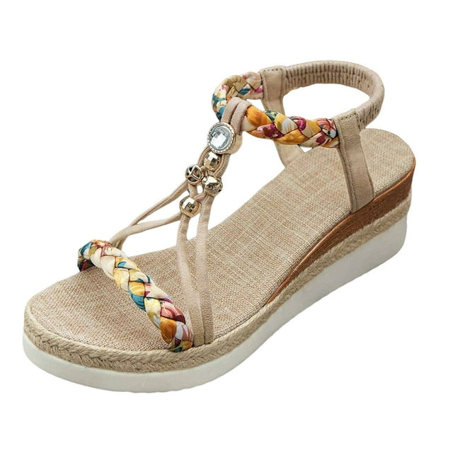 Fukaraa Sandales à Talon Compensé Élastique pour Femmes Largeur Grand Talon Bas Antidérapant Plateforme Boho