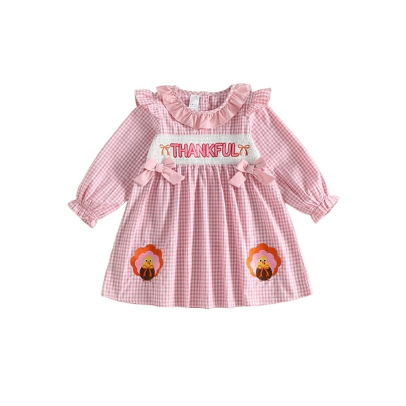 Cenuakty Toddler Girl Thanksgiving Dress Long Sleeve Crew Neck A Line Plaid Dress