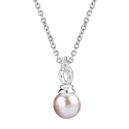 - 9mm Pink Freshwater Cultured Pearl & Diamond Wave Pendant Necklace in 14K Gold