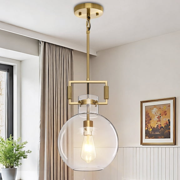 Deyidn Modern Industrial Gold Pendant Light with Clear Glass Shade, Adjustable Hanging Light, Single-Light Ceiling Fixture for Kitchen Island & Dining Room, 9.84 Inch