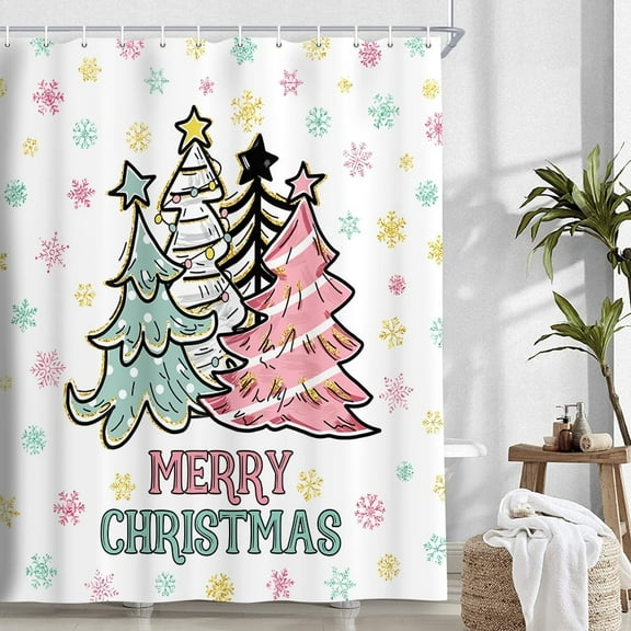 Christmas Tree Shower Curtains for Bathroom, Merry Christmas Holiday Rustic Farmhouse Colorful Snowflakes Decor Bath Curtians, Xmas Winter Shower Curtain Set with Hooks, 72X72in