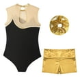 thumbnail image 4 of YONGHS Kids Girls Gymnastics Dance Outfit Ice Skating Leotard Unitard with Shorts Hair Tie Set Gold 6, 4 of 7