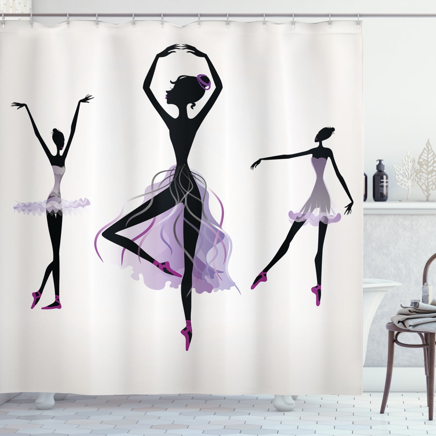 Ballet Shower Curtain, Ballerina Silhouettes Practising Classic Dance Performing Theatrical Art