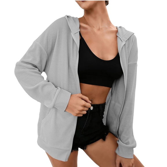 Lindreshi Womens Full-Zip Hooded Sweatshirt Women's Oversized Hoodies Long Sleeve Zip up Casual Ribbed Hooded Sweatshirt
