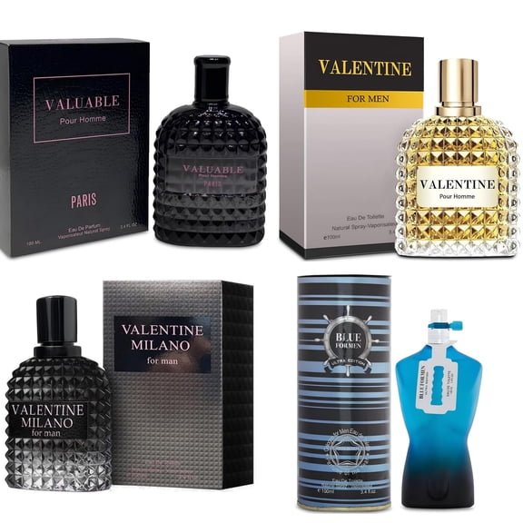 Cologne for Men, Valentine Milano, Valentine, Blue for Men Ultra& Valuable Paris, Fruity Scent, Woody, Aquatic Notes, Vanilla Bourbon,100ml*4