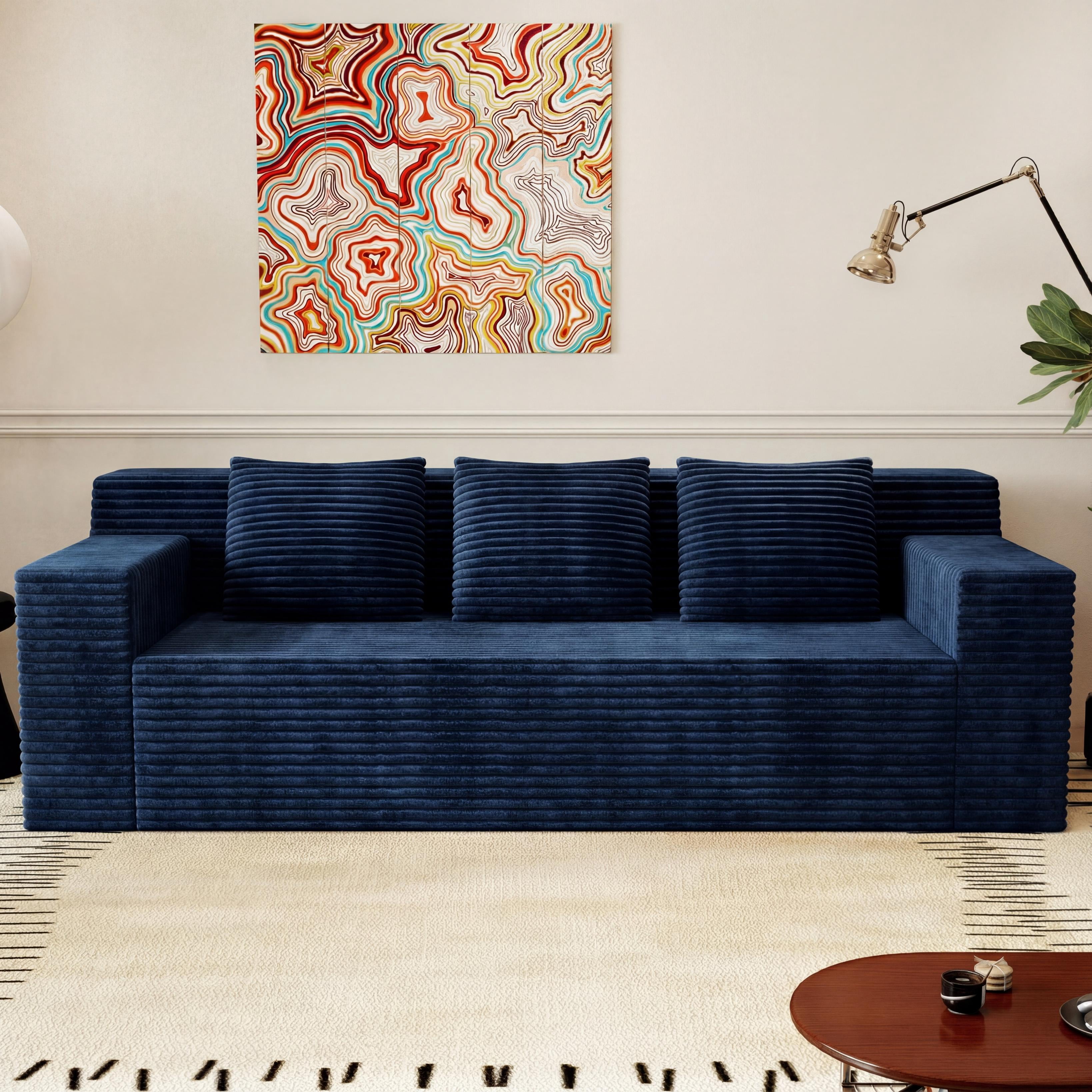HSUNNS 71" 3 Setaser Sofa, Comfy Extra Deep Seat 3 Seater Couch for Living Room with Soft Upholstered, Free 3 Pillows and Side Pockets, No Assembly Required, Blue