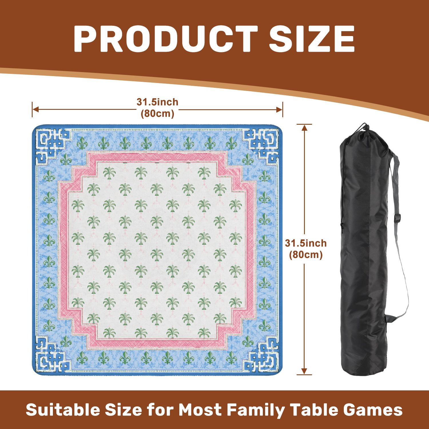 Mahjong Mat 31.5" x 31.5" Tropical Bamboo Palm Leaf Geometric Border Blue Green Non-Slip Noise Reduction Chic Portable Gaming Table Cover for Family Game Night & Gift