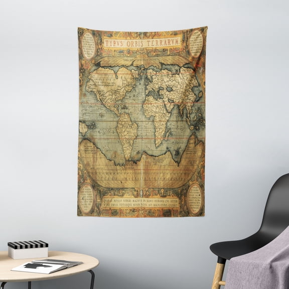 World Map Tapestry, Ancient Old Chart Vintage Reproduction of 16th Century Atlas Print, Wall Hanging for Bedroom Living Room Dorm Decor, 40W X 60L Inches, Sand Brown Slate Blue, by Ambesonne