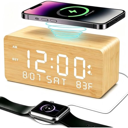 Wooden Digital Alarm Clock with Wireless Charging, 0-100% Adjustable Brightness Dimmer and Alarm Volume, Weekday/Weekend Mode, Dual Alarm, Snooze, 12/24H, Wood LED Clock for Bedroom (Bamboo)