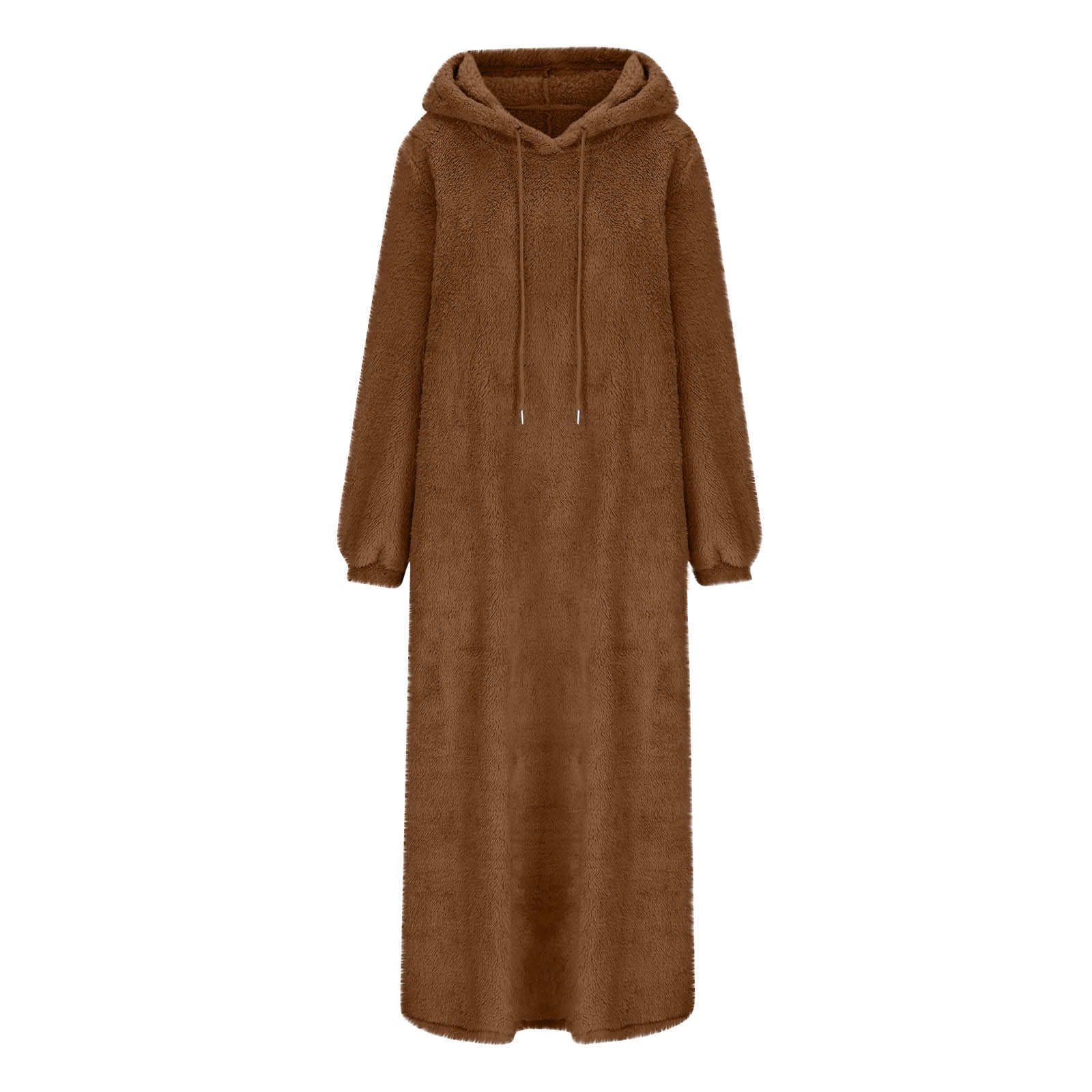 Yuaqua Women's Fluffy Nightgowns Long Sleeve Fuzzy Fleece Hooded Midi Dresses Fall Winter Loungewear Dress with Pockets(Brown,Medium)