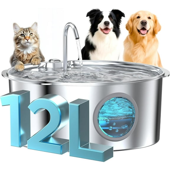 Dog Water Fountain for Large Dogs: Stainless Steel Dog Fountain Water Bowl - 3.2Gal/406oz/12L Super Quiet Big Cat Water Fountain with Visual Water Level -Great for Large Dogs Cats and Multi-Pet Home