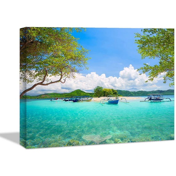 Rosework Framed Canvas Wall Art, 40x30 Inch, Ocean Wall Art and Blue Beach Wall Decor With Fish, Made In USA