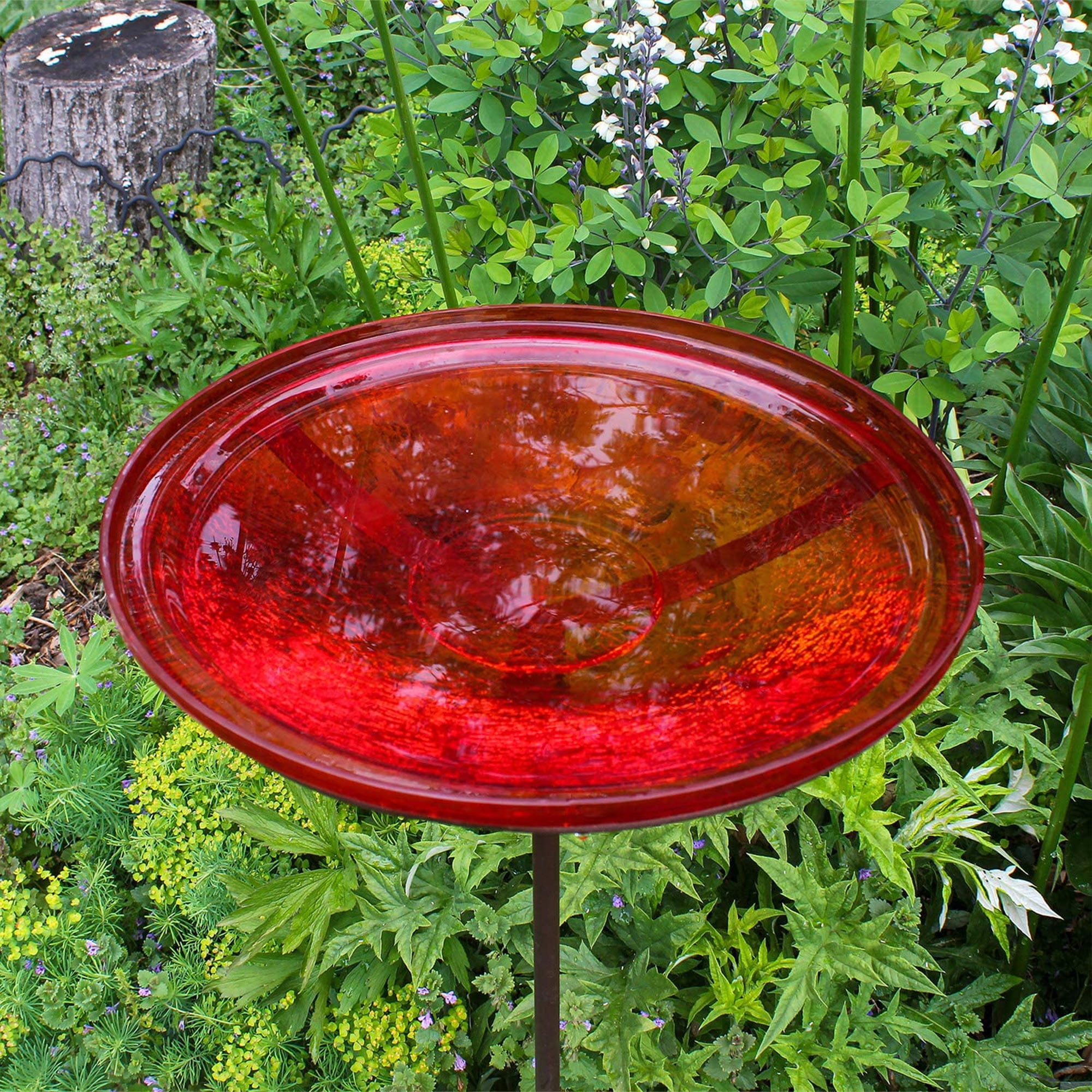 Achla Designs 14 In Hand Blown Crackle Glass Birdbath w/ Stake, Red