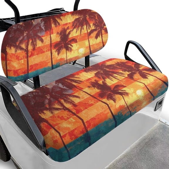 Pzuqiu Retro Sunset Palm Tree 2-Piece Golf Cart Seat Covers Set - Breathable Washable Universal Fit for Most 2-Seater Golf Carts