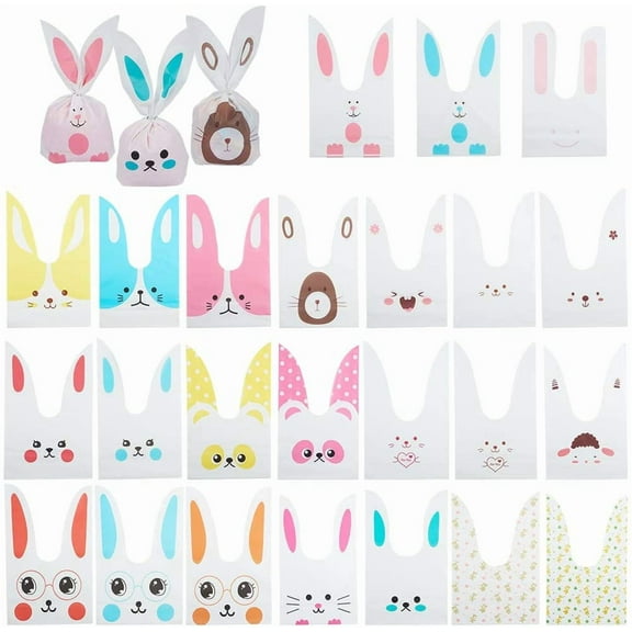 PH 100 Pcs Rabbit Ear Bag 25 Styles Candy Dessert Biscuits Cookies Bakery Cakes Plastic Gift Bags With Cute Bunny Ear Treat Bag 23.3x13.8cm for Wedding Birthday Party Supplies colorful