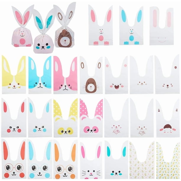100 bolsas de plástico con forma de orejas de conejo, 25 estilos, para dulces, postres, galletas, repostería y pasteles, con bonitas orejas de conejo, 23,3 x 13,8 cm.