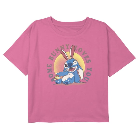 Girl's Lilo & Stitch Easter Some Bunny Loves You Graphic Cropped T-Shirt Light Pink Medium