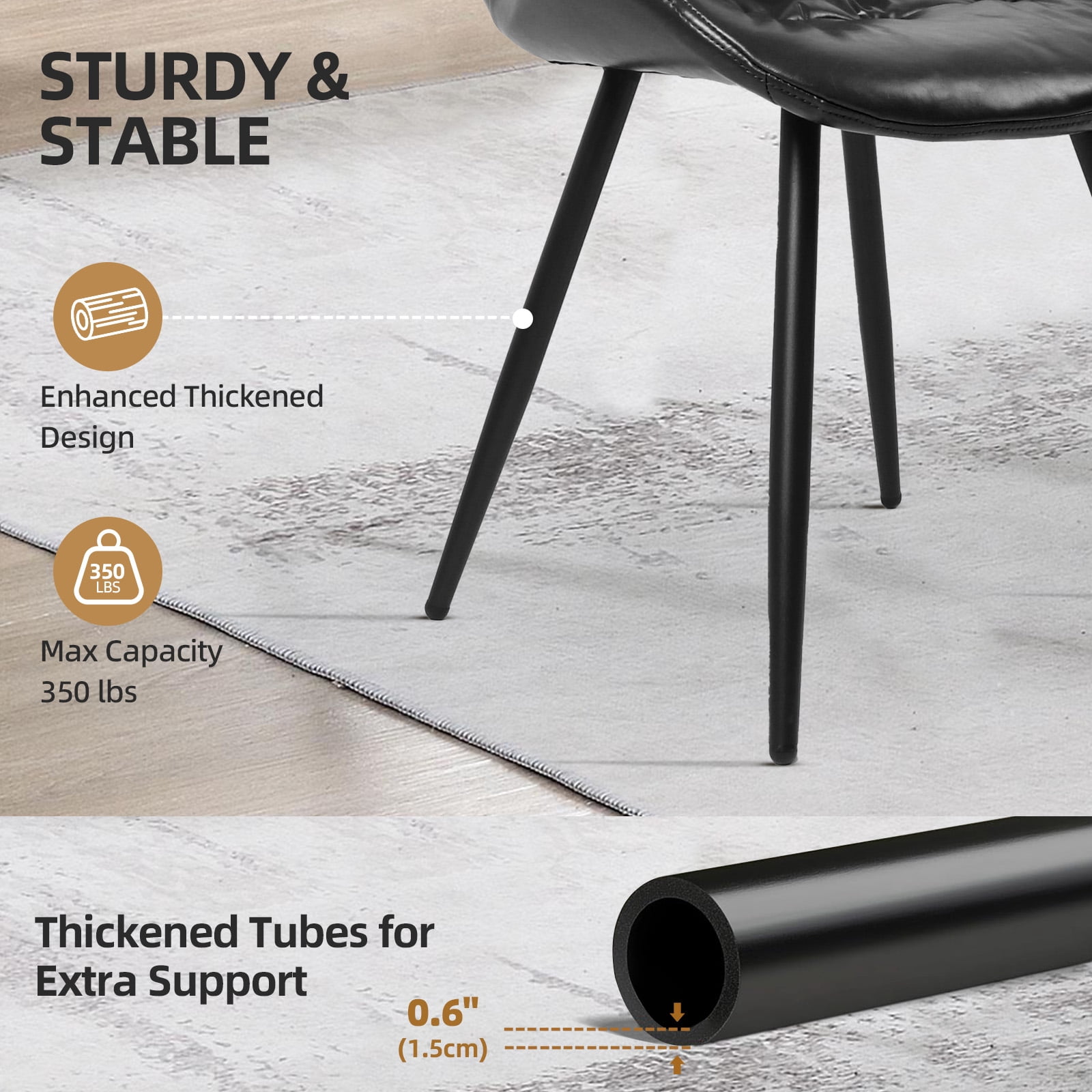 Set of 2 Black Ergonomic Chairs, Polyurethane Faux Leather with Rubberwood Frame, Thick Foam Cushion, Metal Legs, Scratch & Stain Resistant, 300 lbs Capacity