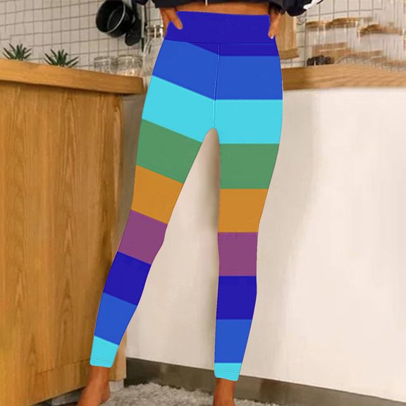 COSFO Yoga Sweatpants for Women Rainbow High Waisted Blue Casual Slim Leg Pants Workout Skinny Pants