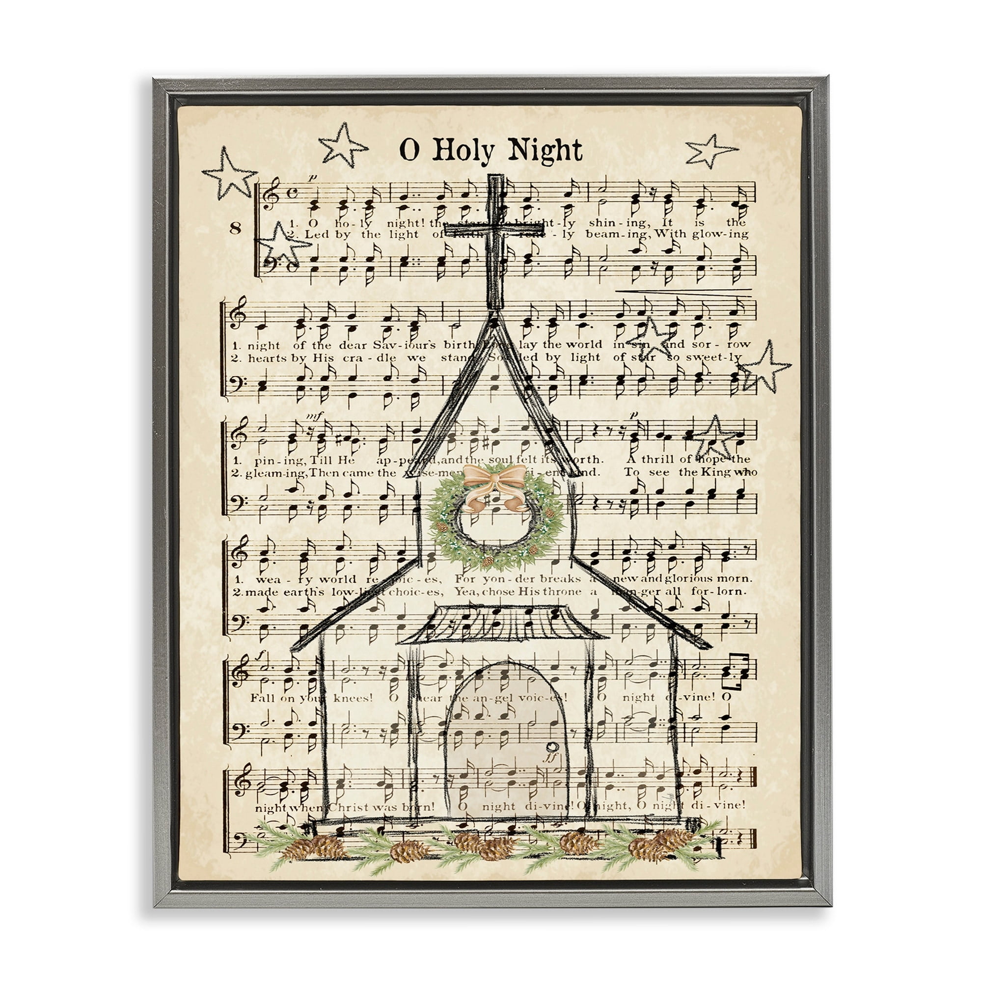 Stupell Industries Festive Winter Church Holy Night Musical Script Luster Gray Framed Floating Canvas Wall Art, 16x20, by Andi Metz