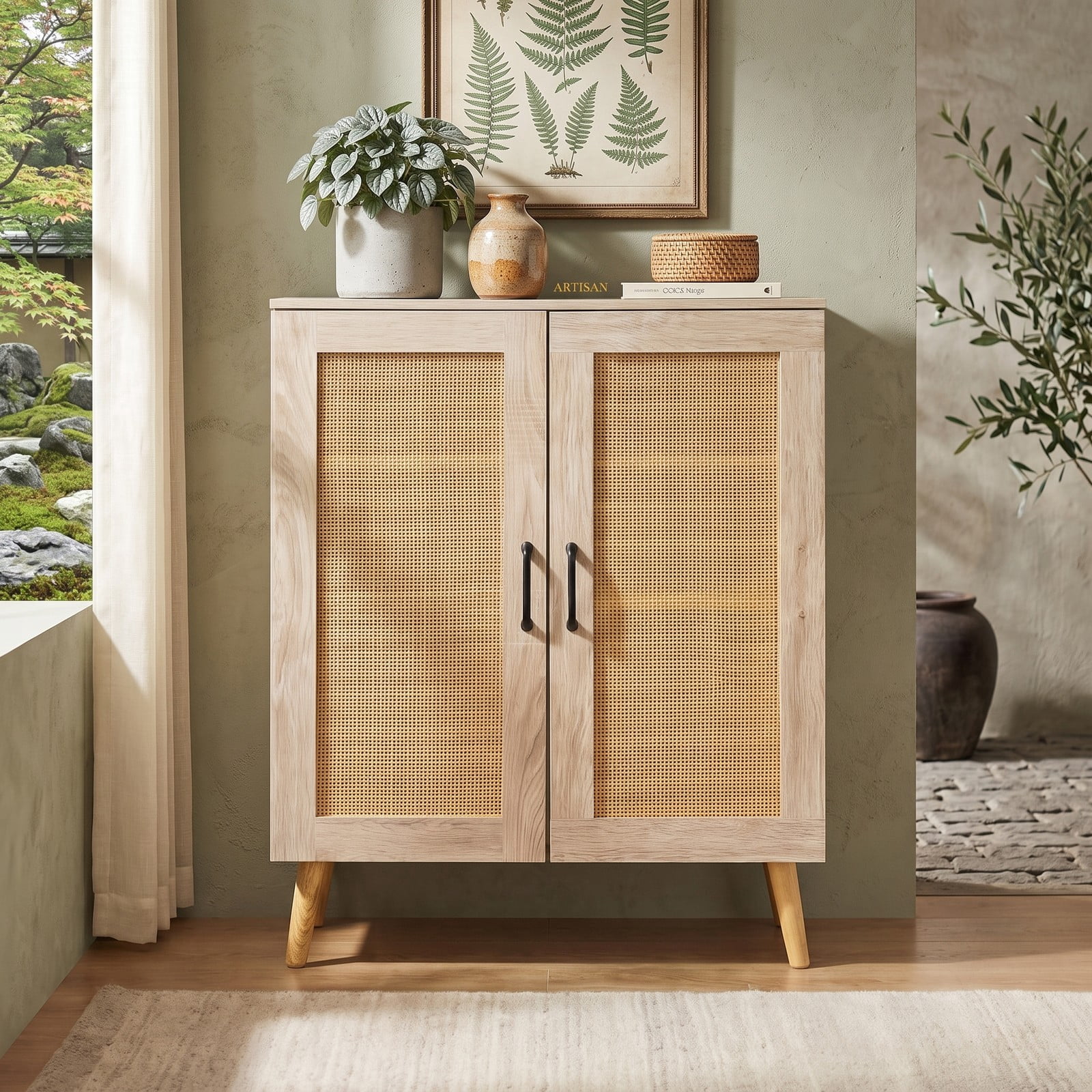 Furnibear 5-Tier Rattan Shoe Cabinet with 3 Removable Shelves and Woven Doors for Entryway and Hallway Shoe Storage, Natural