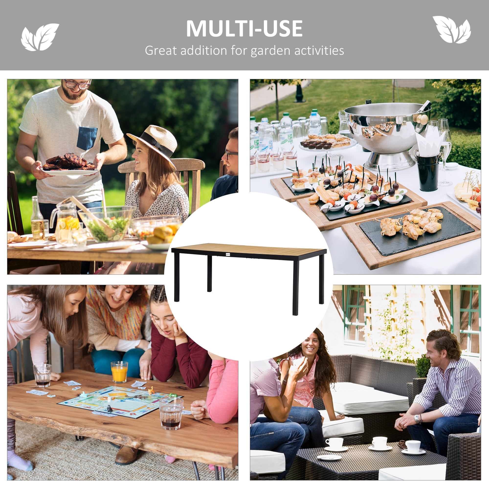 HOQBN Aluminum Outdoor Garden Dining Table for 8 People, Faux Wood Top, for Garden and Patio, 190 x 90 x 74 cm, Natural