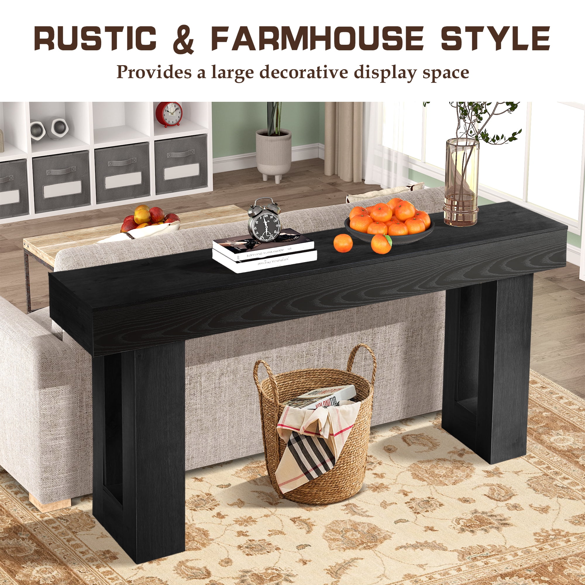 Magic Union 63" Long Console Table for Entryway, Wood Rectangular Sofa Table Behind Couch with 2-tier Open Storage and Weighted Base, Foyer Accent Tables for Entryway, Hallway, Living Room