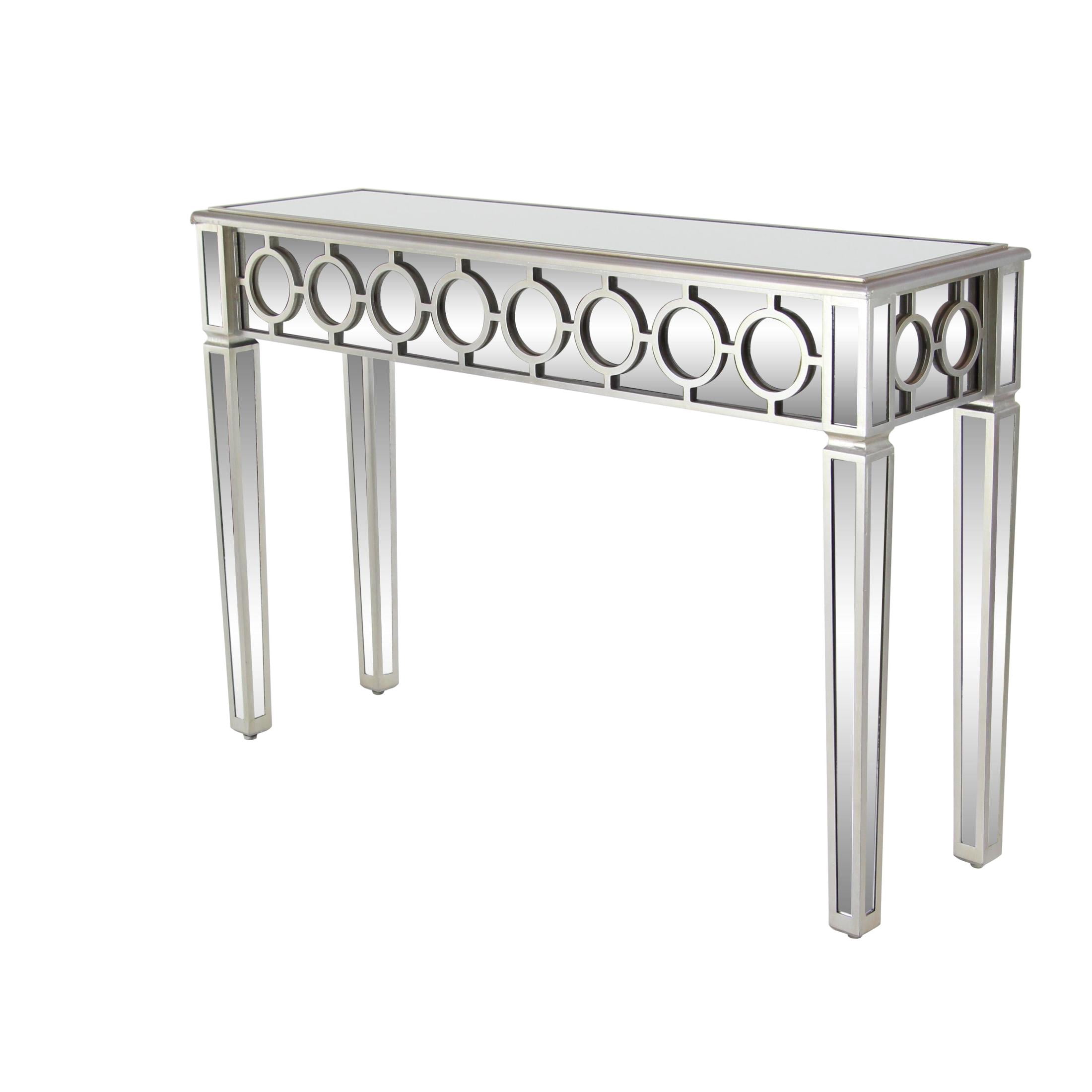 DecMode 47" x 32" Silver Glass Mirrored Geometric Console Table with Circular Panel Inlay, 1-Piece
