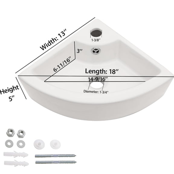 Wall Mount Corner Bathroom Sink 18 Inch White Ceramic Washing Basin Sector Wall Mount Sink for Small Bathrooms.