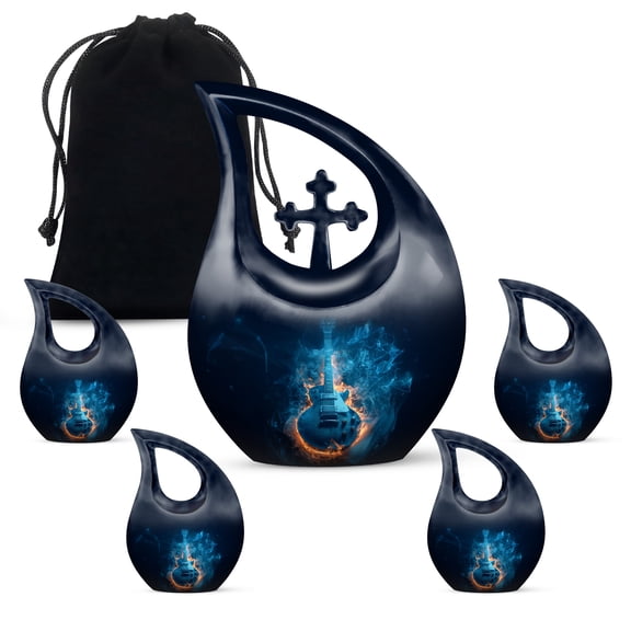 MUKTIVE Guitar Urns for Human Ashes, Combo Sets Urn for Adult Male & Female (1 Large 10 ", 4 Keepsake 3 "), Smokey Urns for Mom & Dad, Combo Sets Urn for Funeral & Burial With Velvet Bag