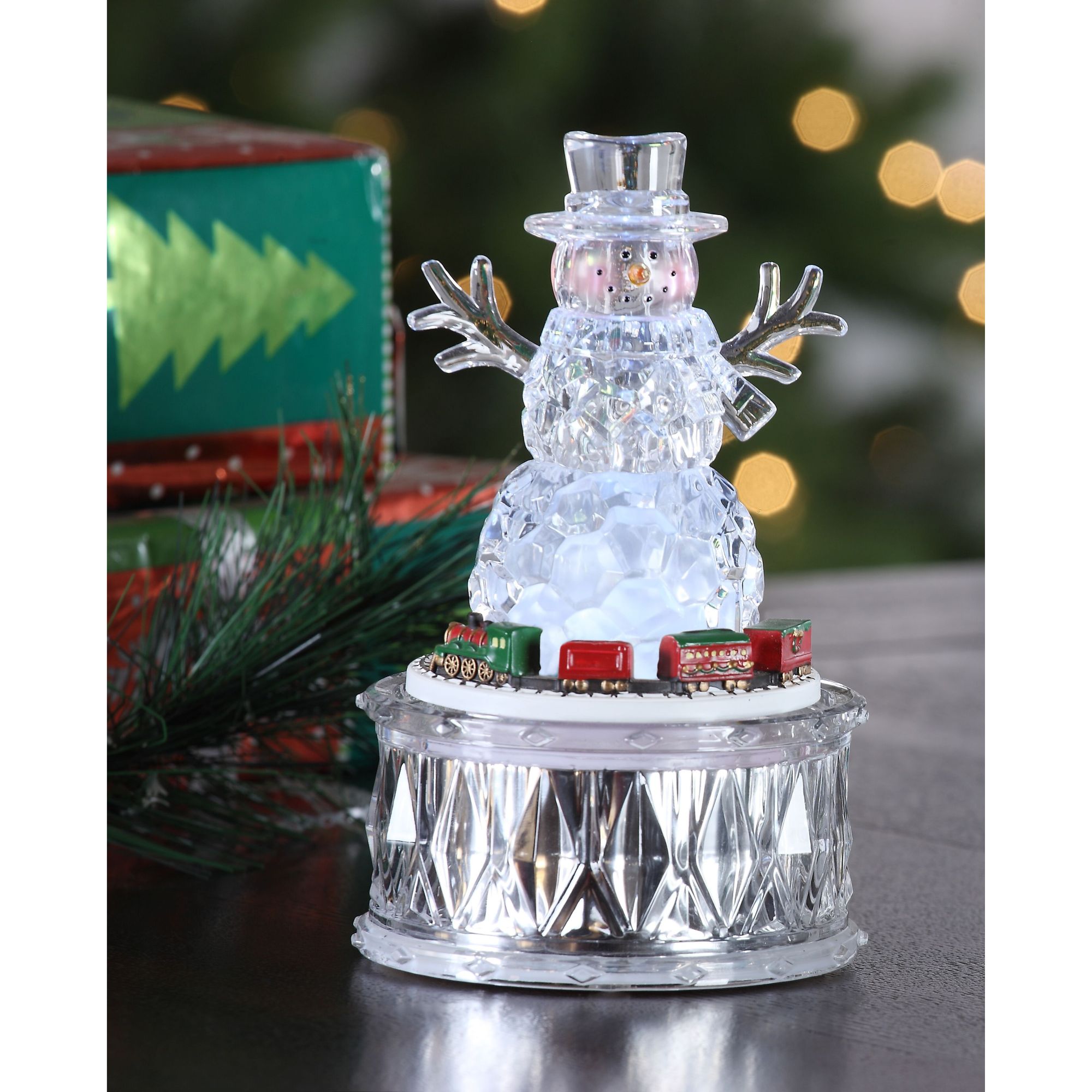 6.25" Clear and Red Small Revolving Snowman LED Lighted Tabletop Decor