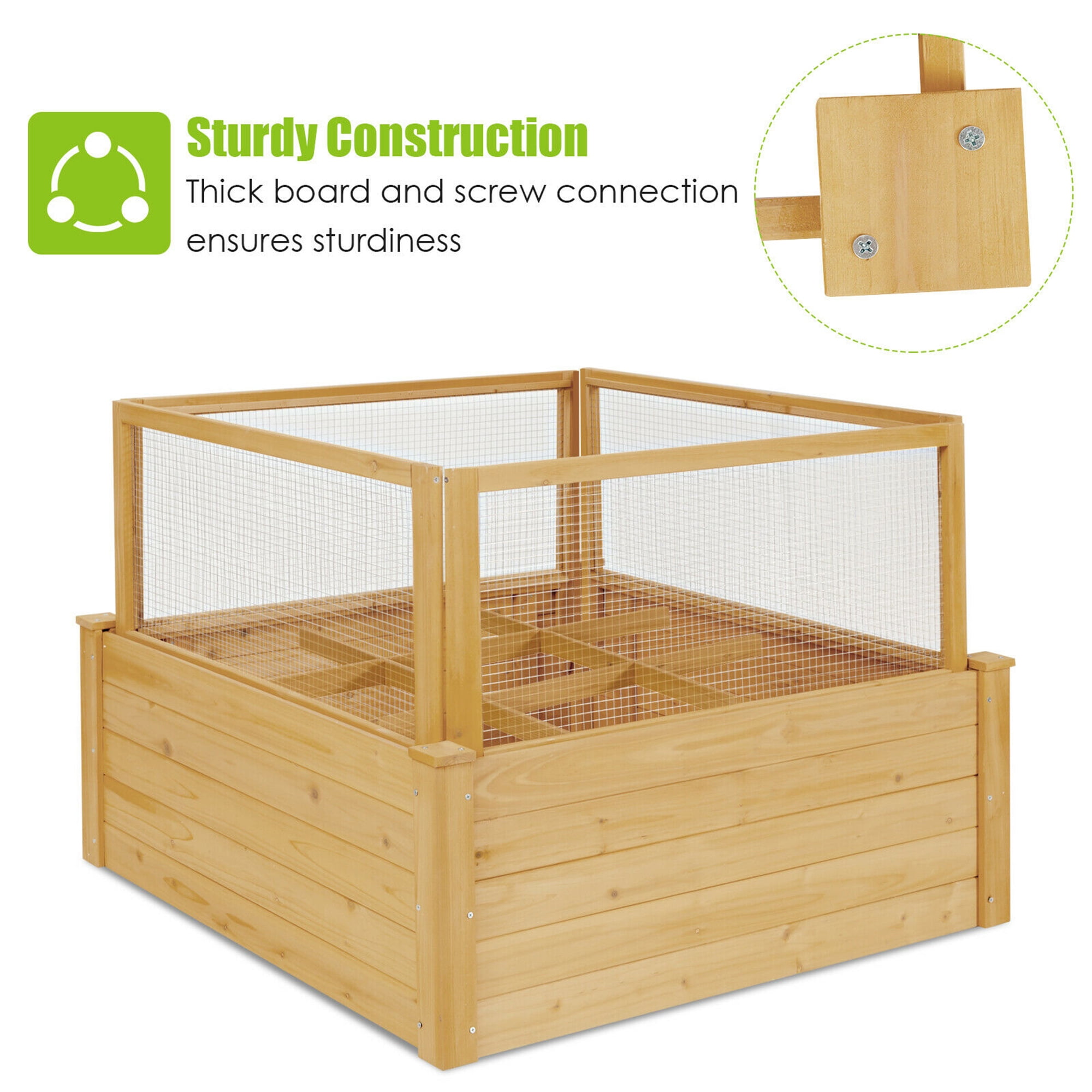 Gymax Raised Garden Bed Guard Fence Wooden Garden Box with 9 Grids & Critter