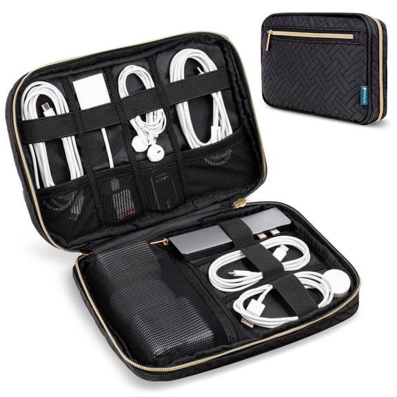 PAVILIA Soft Electronic Organizer Travel Case, Travel Cord Organizer Bag, Small Cable Tech Storage Pouch, Travel Accessories Essentials Must Haves for Mobile Phone, USB, Cord, Charger, Black Quilt