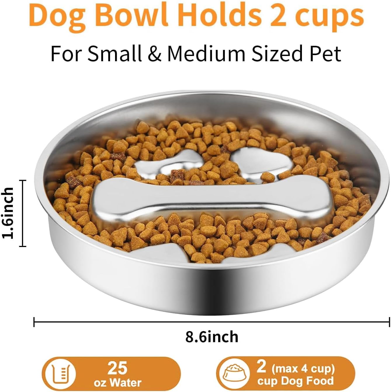 Stainless Steel Slow Feeder Dog Bowls,Slow Food Bowl for Dog & Cat - 2 Cups Capacity,Bone-Shaped Design Pet Food Holder,Metal Non-Slip Lick Plate,Puzzle Maze Dish for Small Sized Breeds