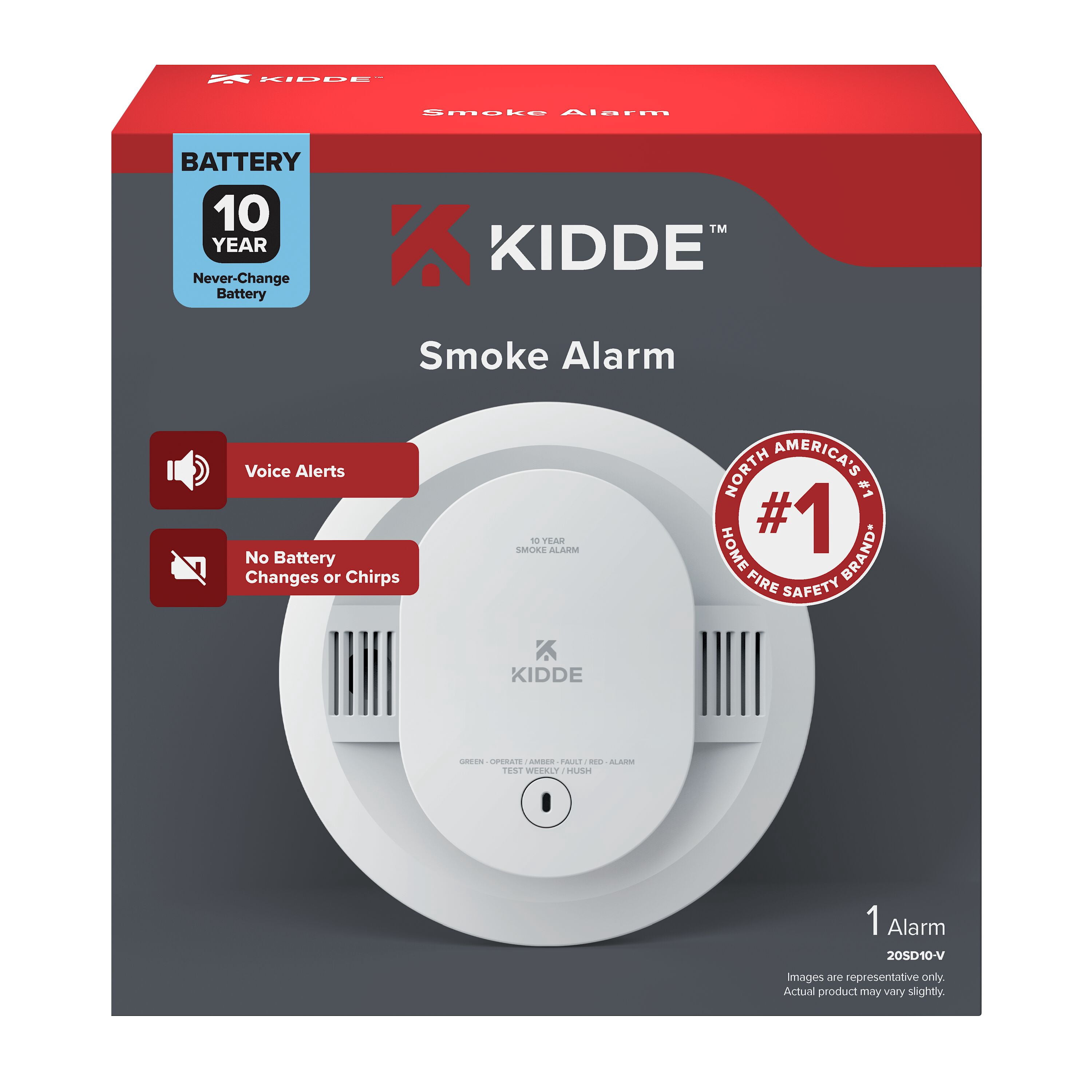 Kidde 10-Year Battery Smoke Detector, Voice Alerts & LED Warning Lights