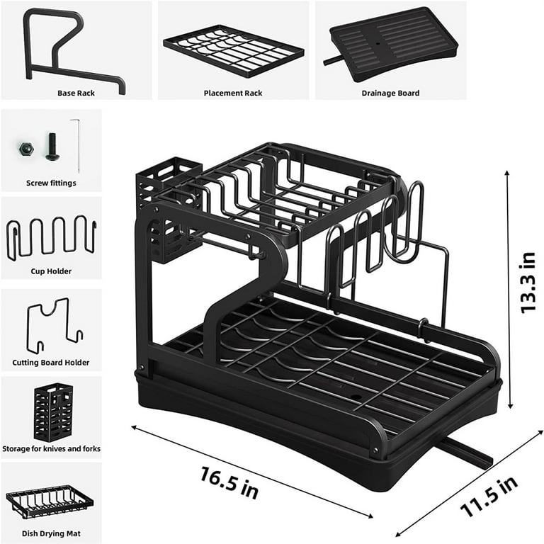 LIMORUNS Dishracks On Counter with Drainboard 2 Tier Set of Dish Drying Rack  with Drainboard Utensils & Cutting Board Holder, Rustproof Large Black Dish  Holders for Kitchen Counter Father's Gift (R) 