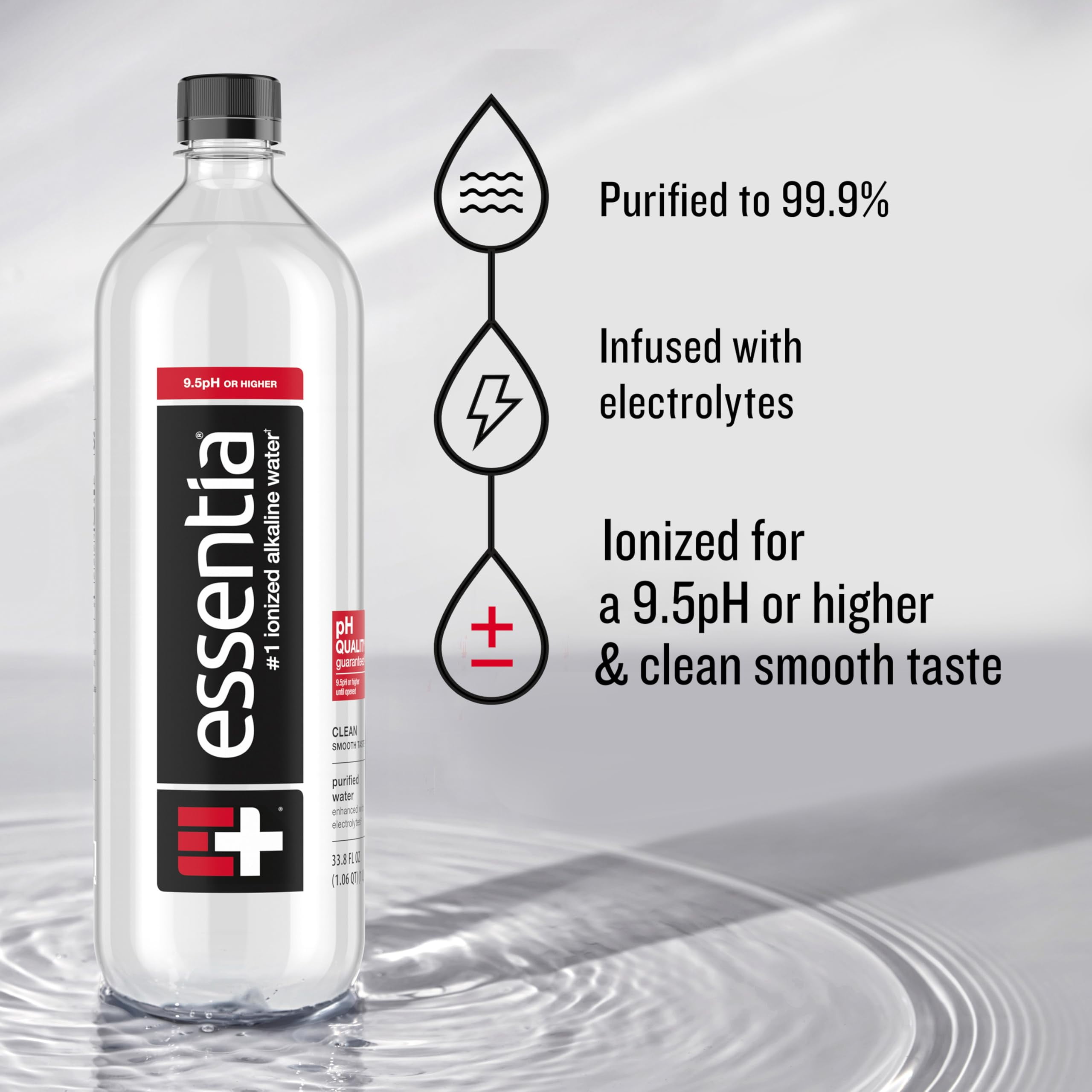Essentia Water LLC SCH4&nbsp;, 99.9% Pure, Infused with Electrolytes for a Smooth Taste, pH 9.5 or Higher; Ionized Alkaline Water, Black, 42.3 Fl Oz (Pack of 12)