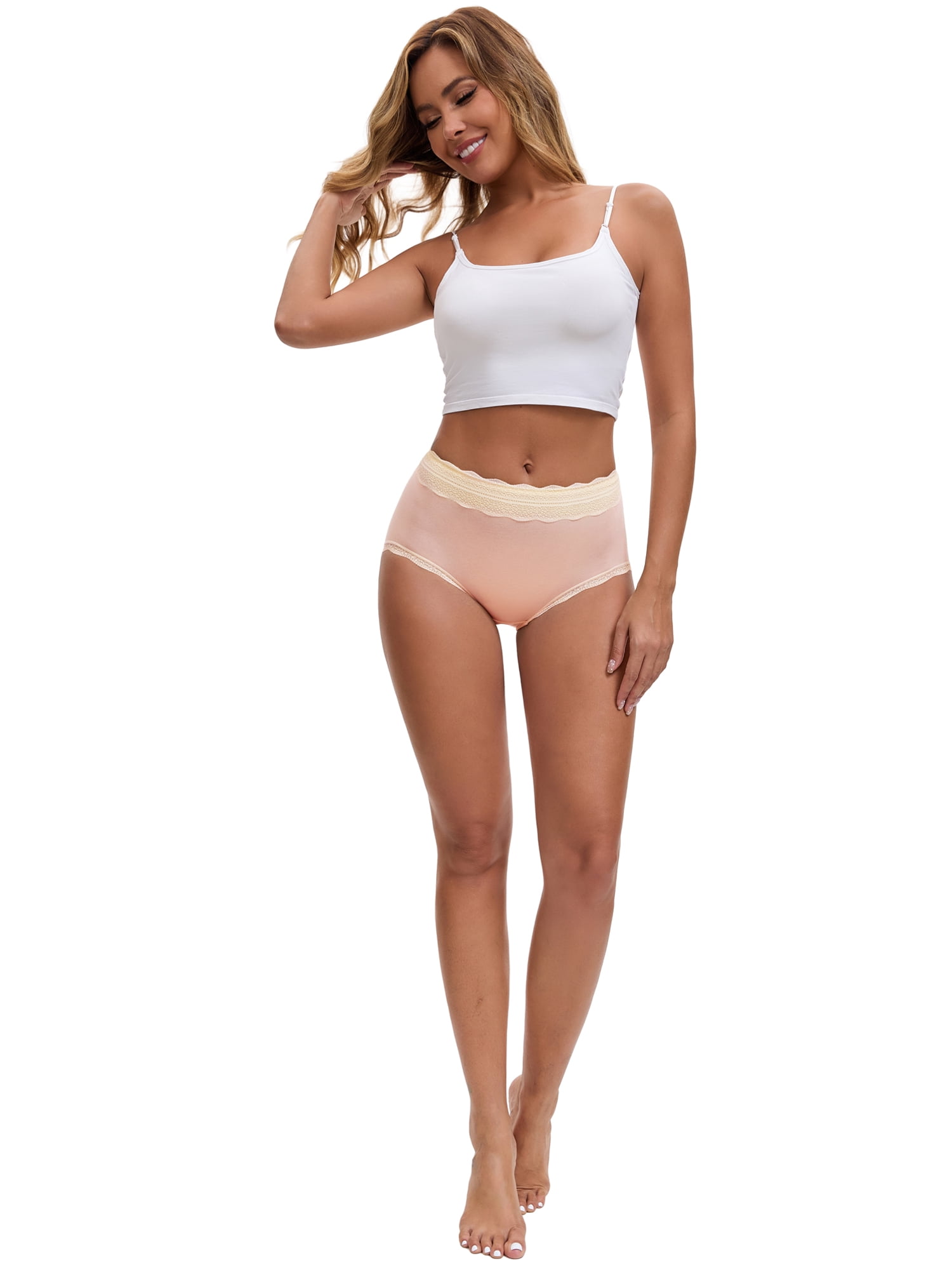 DARING DIVA Women's High Waisted Lace Trim Briefs Full Coverage Panties L Pink