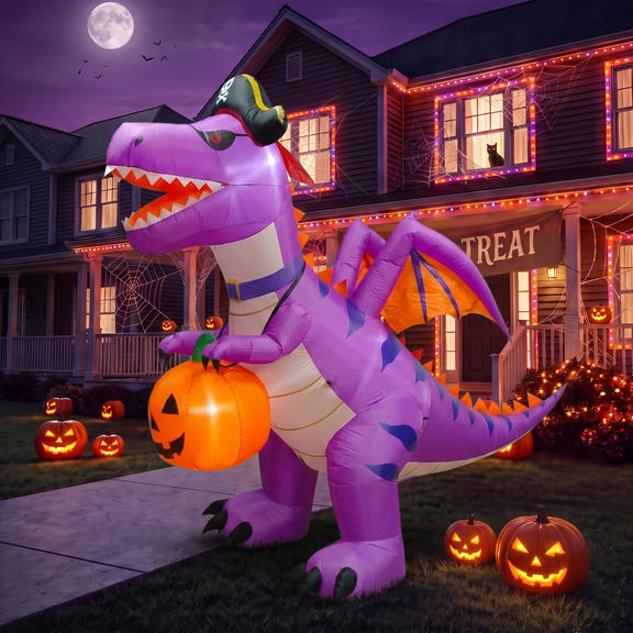 Glazina 8.2FT Giant Halloween Inflatable Purple Pirate Dinosaur with Wings & Pumpkin, Outdoor Yard Decor Built-in LEDs