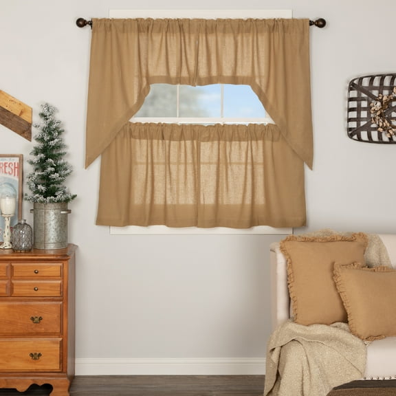 VHC Brands Burlap Natural 4 PC Curtain Set (2 Swag 36x16 and 2 Tier 24x36)