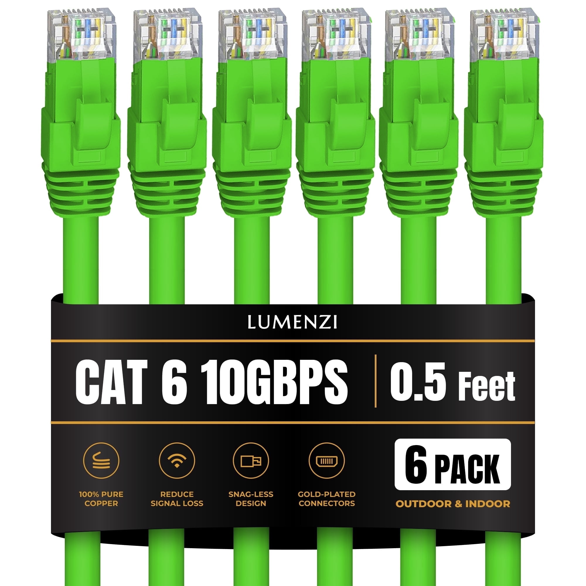Cat6 Ethernet Cable 0.5 ft, Green, 6 Pack, 10 Gbps, Round RJ45 Patch Cable, Outdoor/Indoor, Direct Burial, Bare Copper