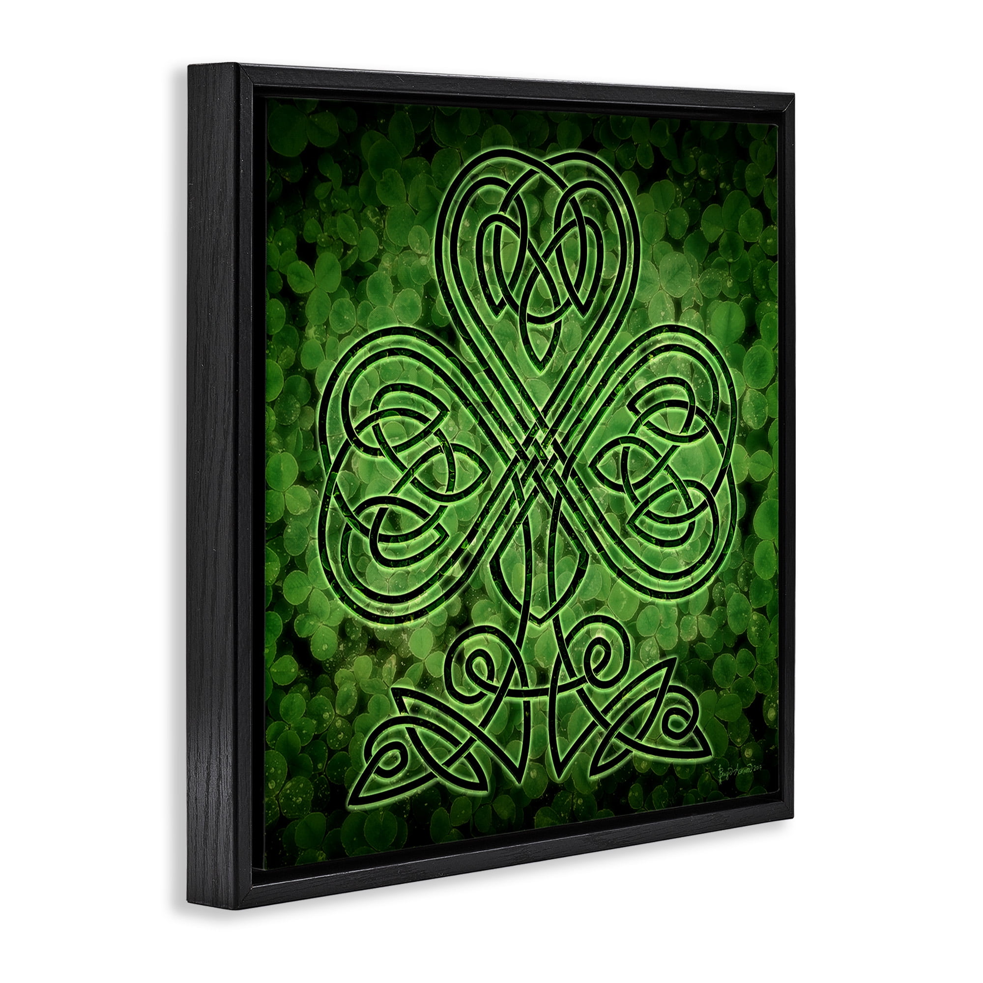 Stupell Industries Green Celtic Shamrock Knot Abstract Painting Black Floater Framed Canvas Art Print Wall Art, 25 x 25