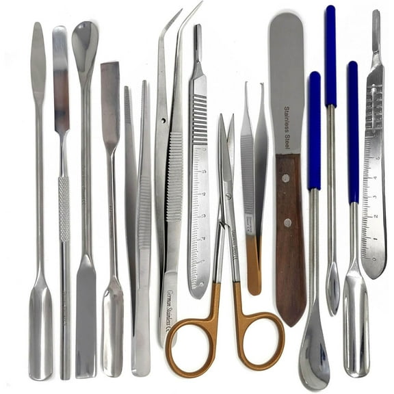 A2Z Scilab 14 PCS Lab Micro Spatula Scoop Spoon Tweezers Sampler Instruments Kit, Made of Stainless Steel - Multi Purpose Lab Sampling Mixing Filling Spatula Set - For Beginners Science Lab Kit