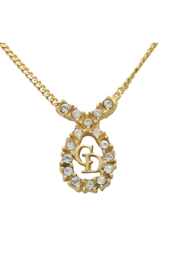 Pre-Owned Christian Dior CD logo metal necklace with rhinestones and gold-plated GP.... (Good)