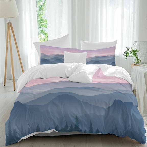 3 Piece Pink Blue Ombre Duvet Cover Set Full Size, Microfiber Comforter/Quilt Cover with Corner Ties and 2 Pillowcases, Sky Forest Mountains Landscape All Season Soft Bedding with Zipper Closure