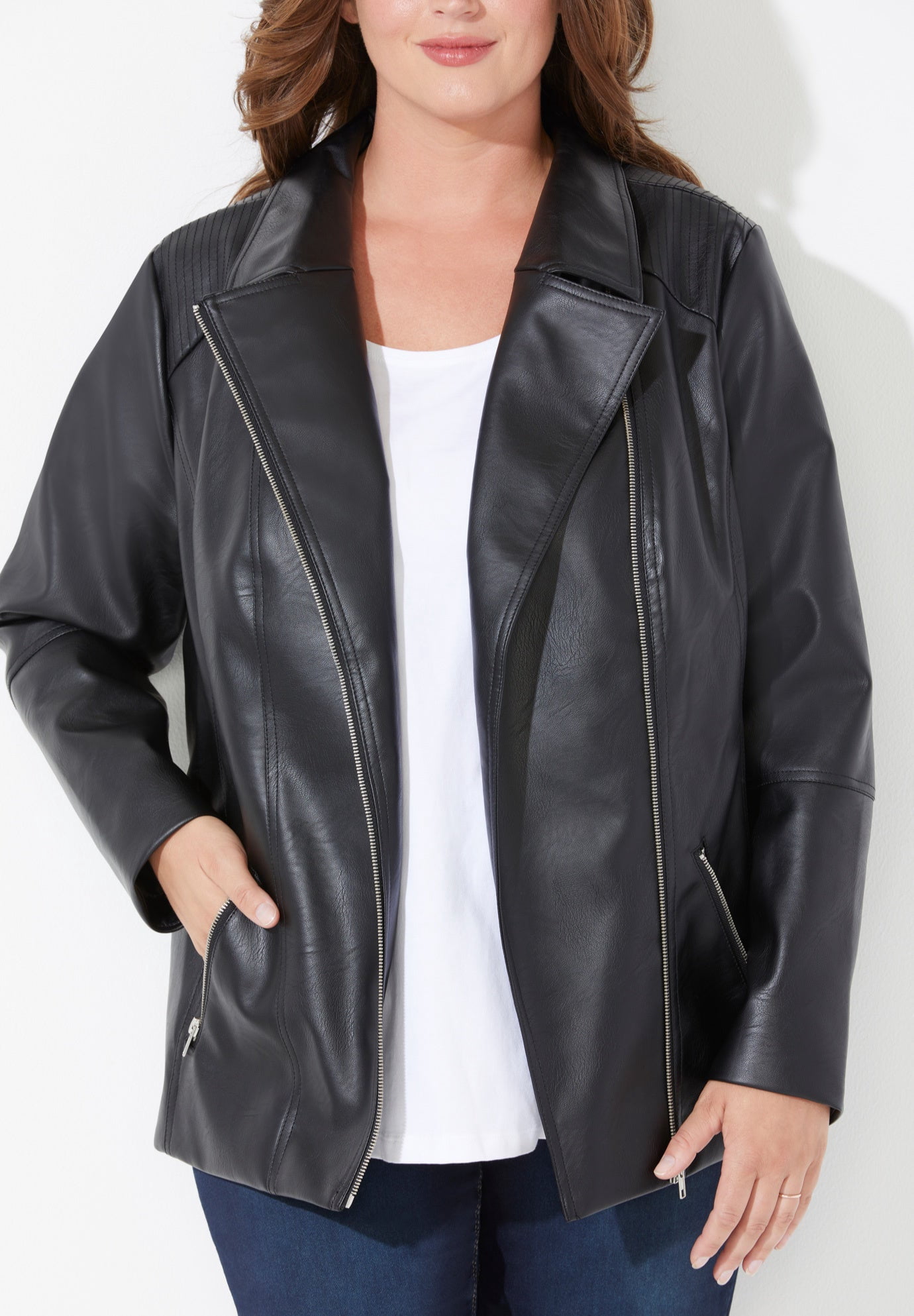 Catherines Women's Plus Size Faux Leather Moto Jacket