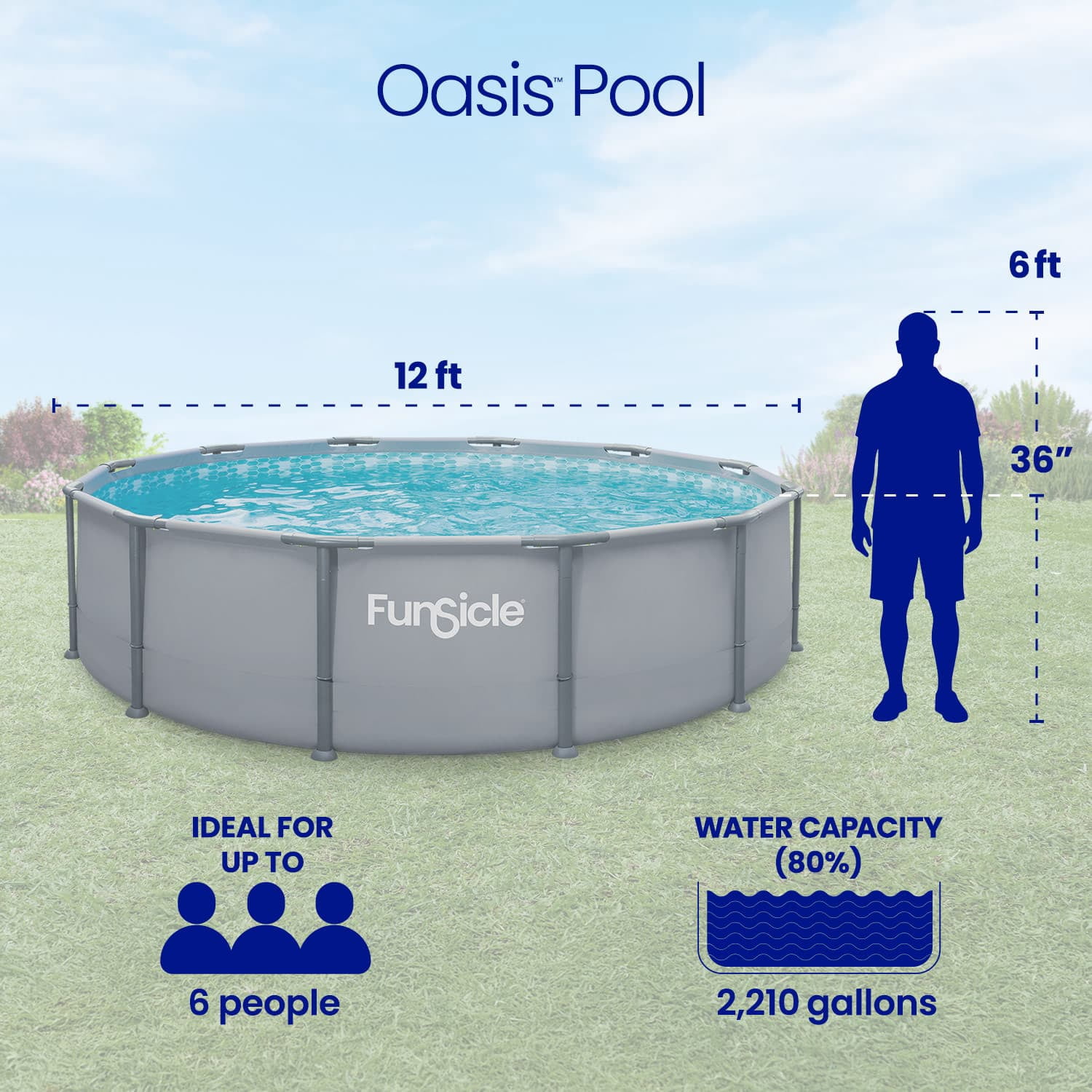 Funsicle Oasis Above Ground Metal Frame Swimming Pool Set – with FB800S AutoSkimmer Pump, Ladder & Cover, 12' x 36", Round, Gray